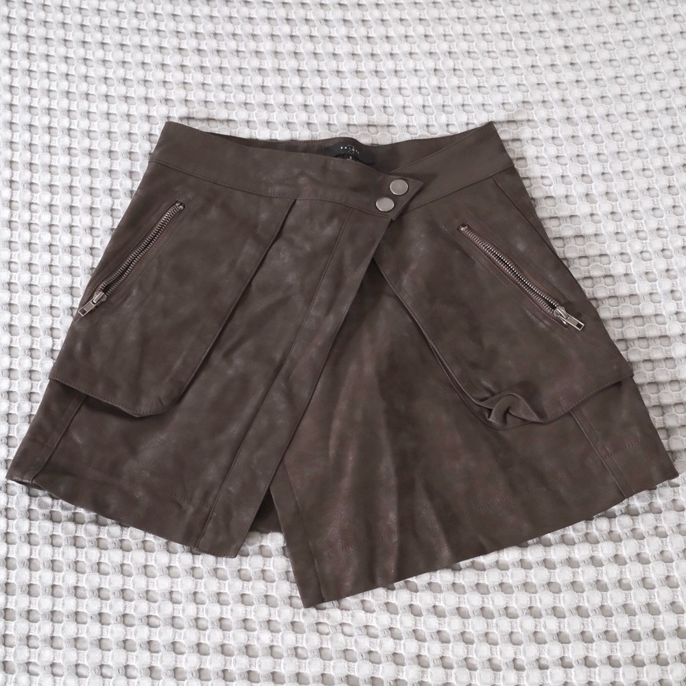 21 Saints Brown Faux-Leather Women's Skirt with Zip Pockets - Size Small
